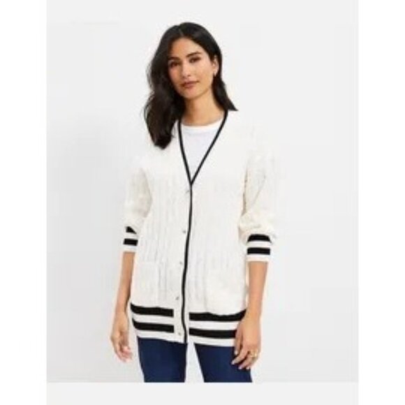 Loft Academic Preppy Varsity White Cable Knit Cardigan Sweater M Cotton Cream Bl - Picture 1 of 11